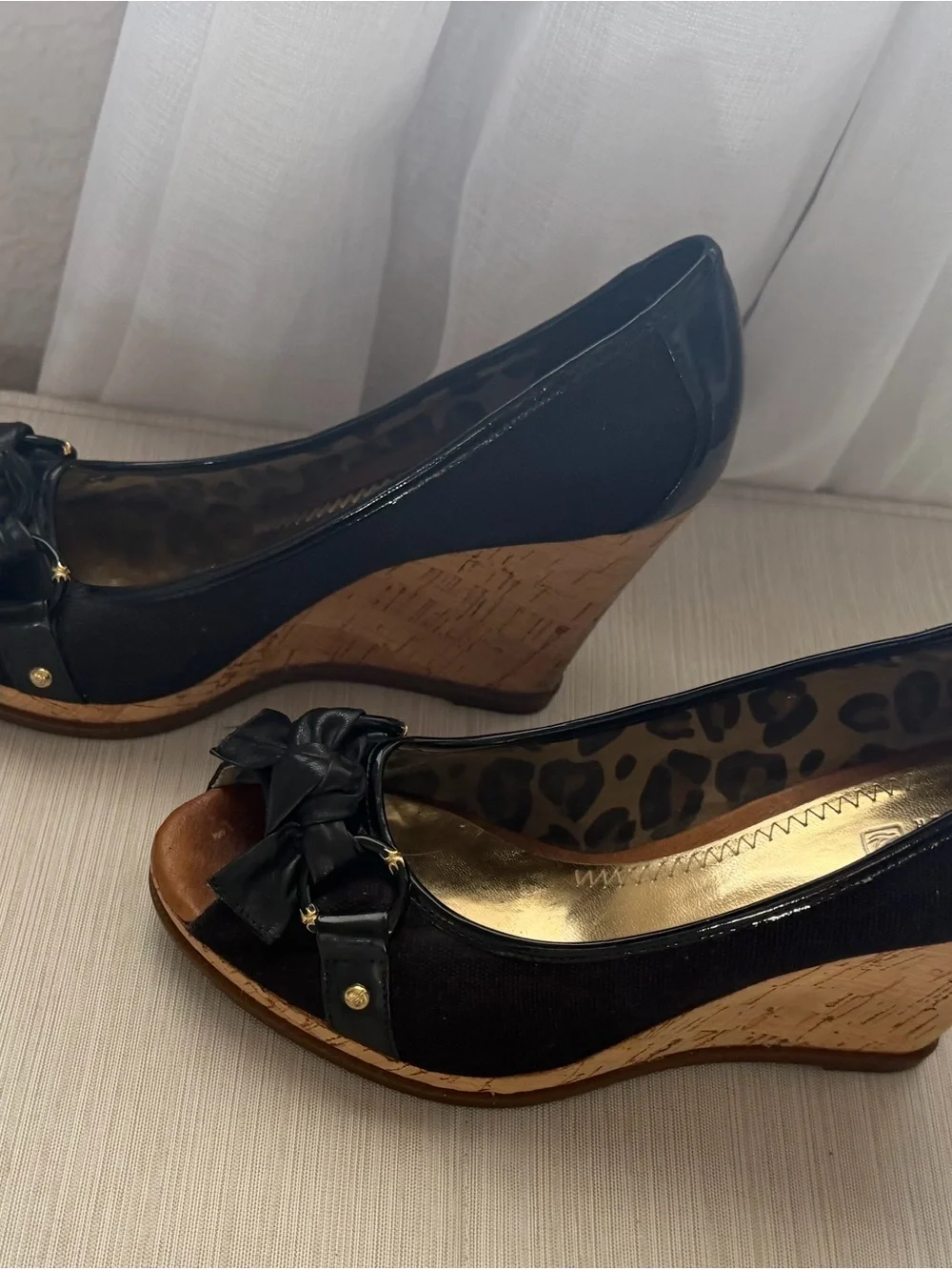 Sperry Top-Sider Black Peep-Toe Bow Cork Wedge Heels | 8.5